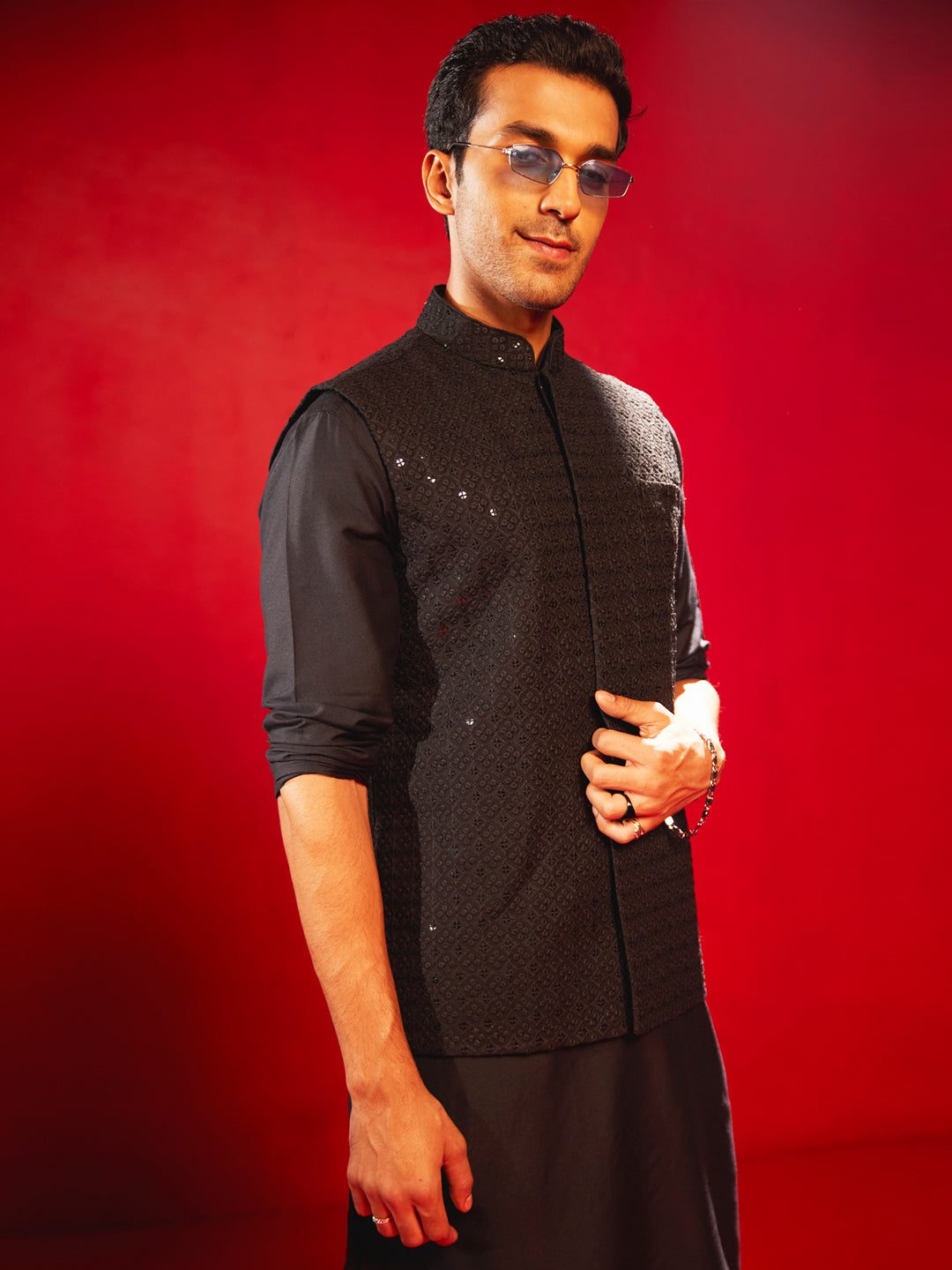 Men's Black Rayon Straight Nehru Jacket