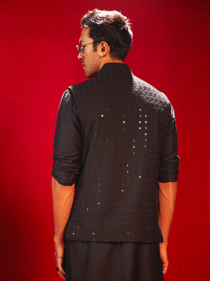 Men's Black Rayon Straight Nehru Jacket