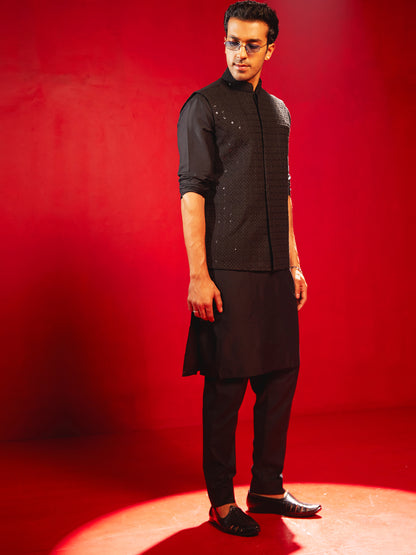 Men's Black Rayon Straight Nehru Jacket