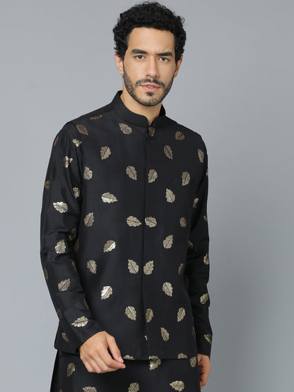 Men's Black Cotton Blend Straight Nehru Jacket
