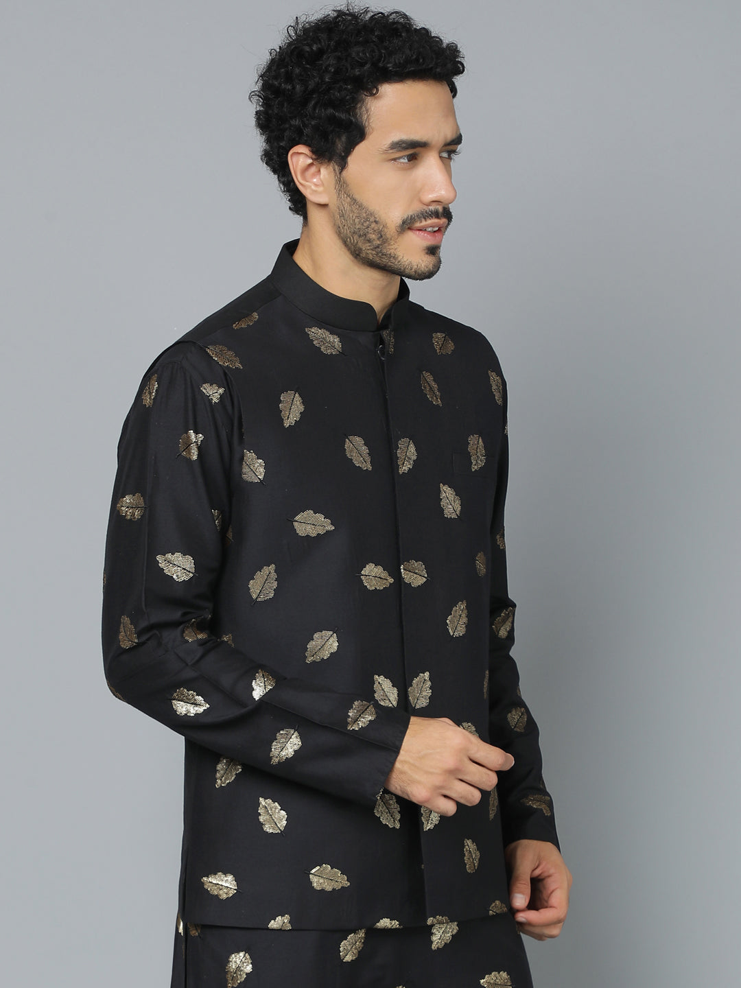 Men's Black Cotton Blend Straight Nehru Jacket
