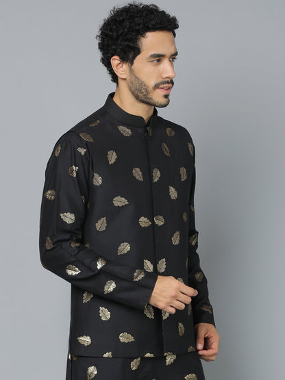 Men's Black Cotton Blend Straight Nehru Jacket