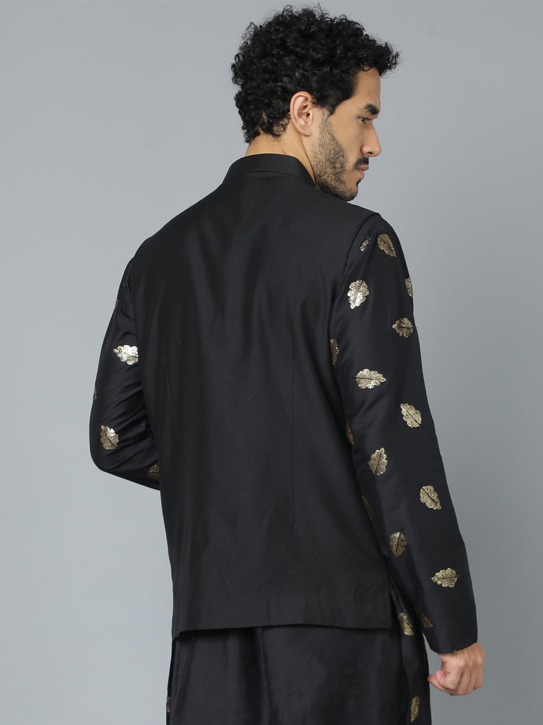 Men's Black Cotton Blend Straight Nehru Jacket
