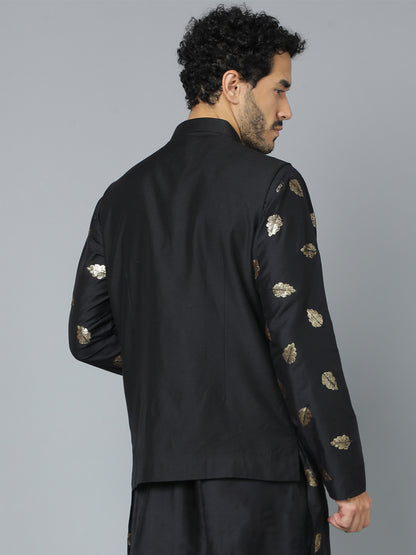 Men's Black Cotton Blend Straight Nehru Jacket
