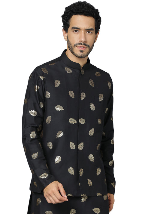 Men's Black Cotton Blend Straight Nehru Jacket
