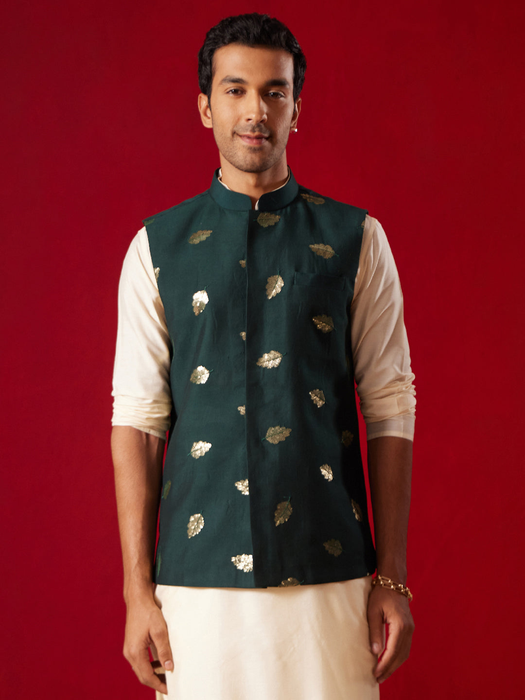 Men's Green Silk Blend Straight Nehru Jacket