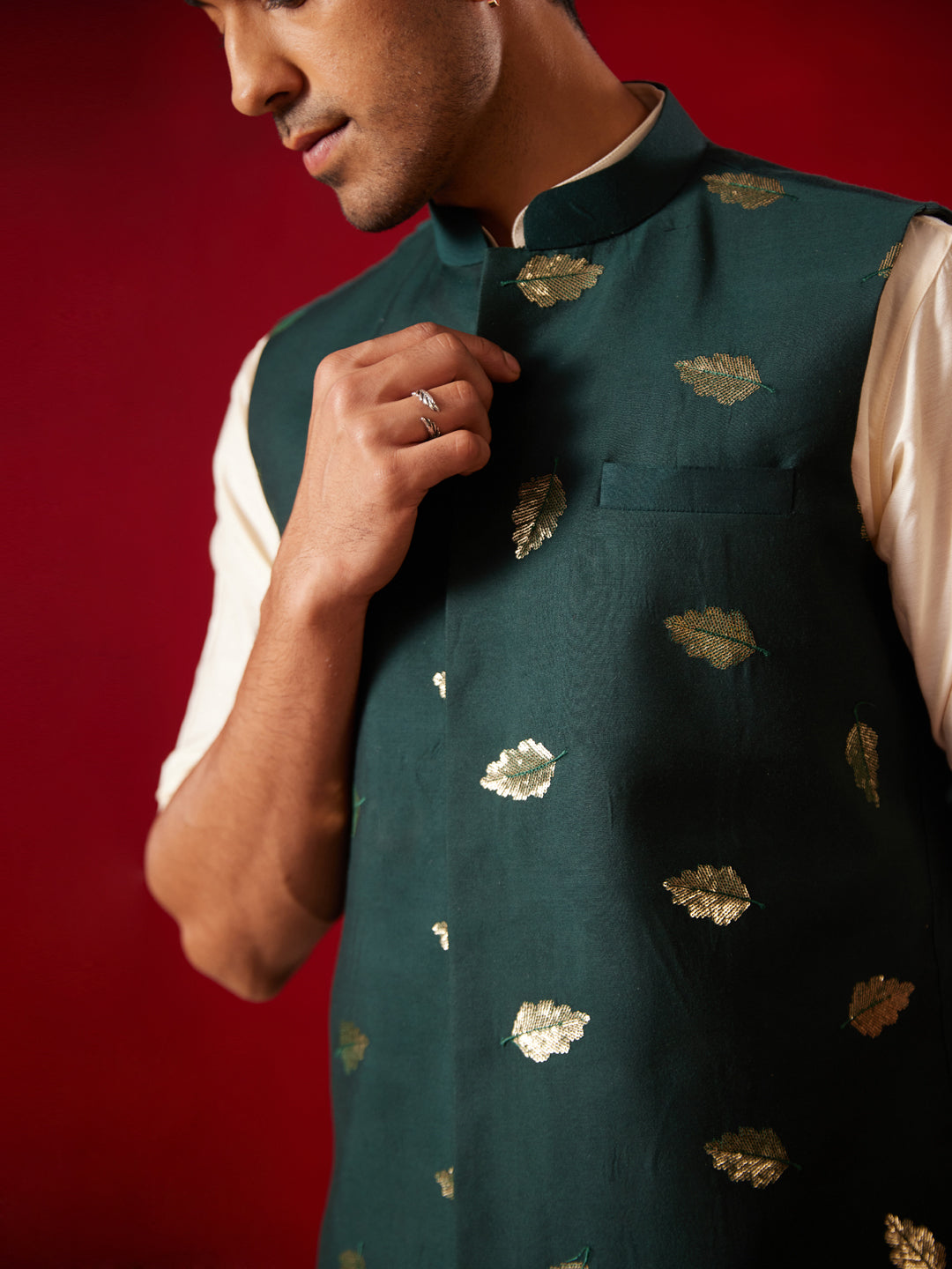 Men's Green Silk Blend Straight Nehru Jacket