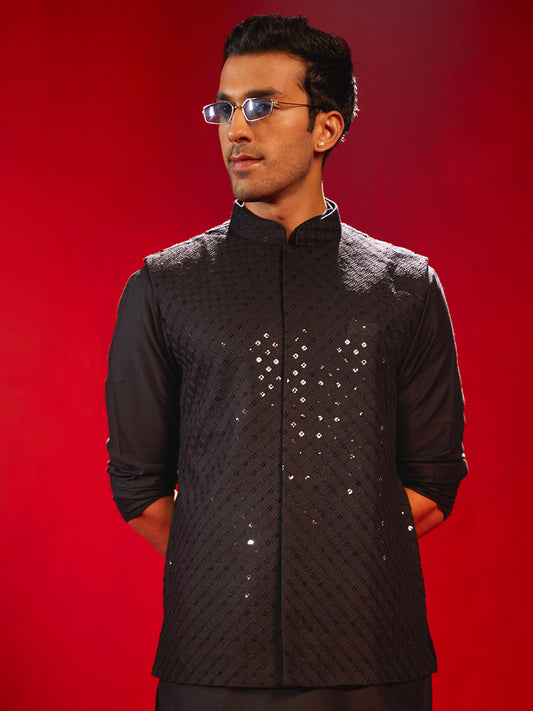 Men's Black Silk Blend Straight Nehru Jacket