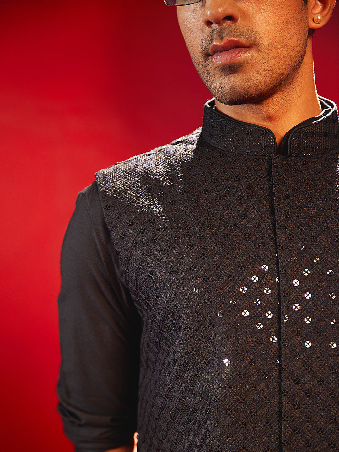 Men's Black Silk Blend Straight Nehru Jacket
