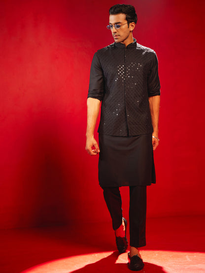 Men's Black Silk Blend Straight Nehru Jacket