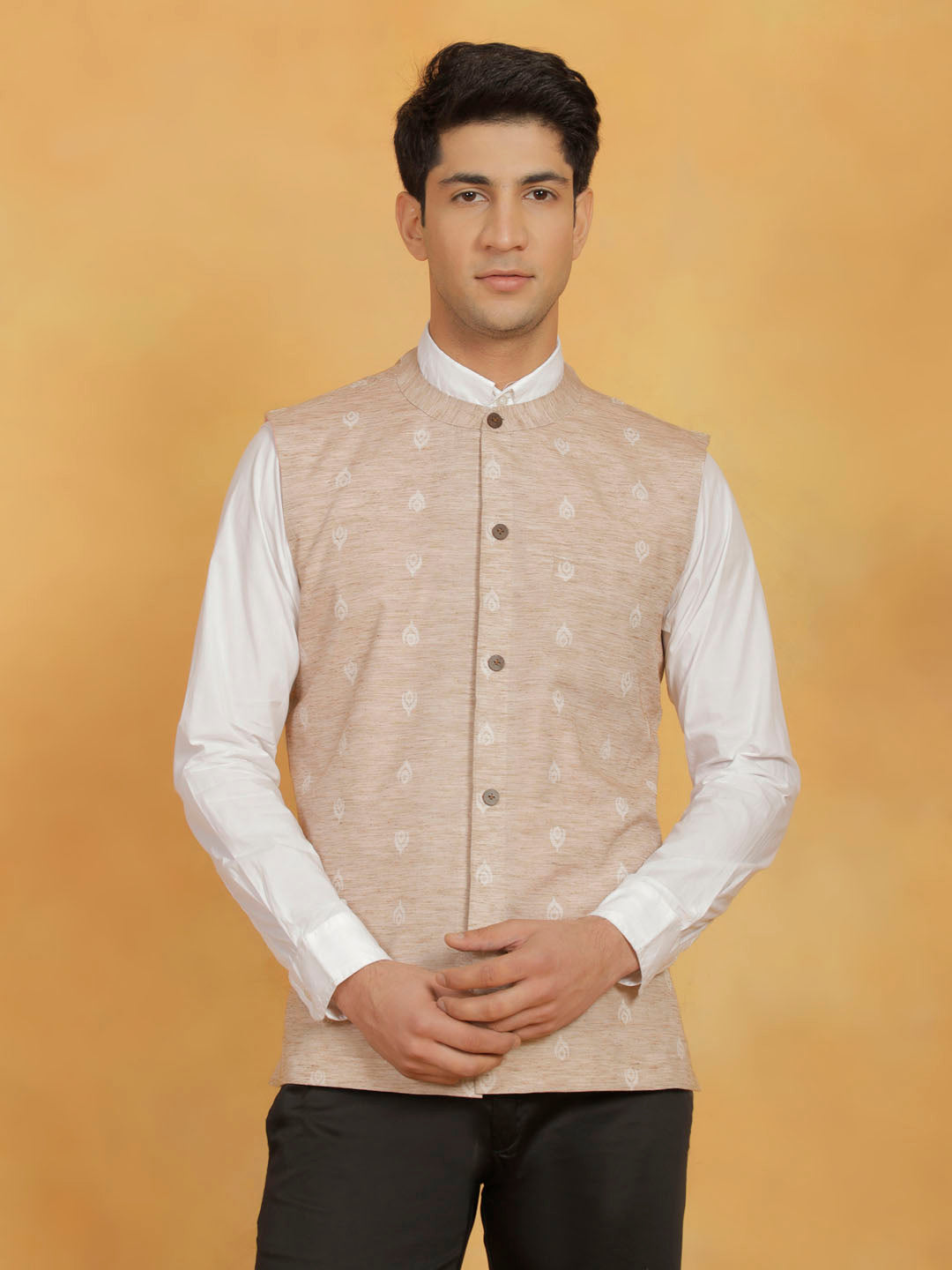 Men's Beige Cotton Straight Nehru Jacket