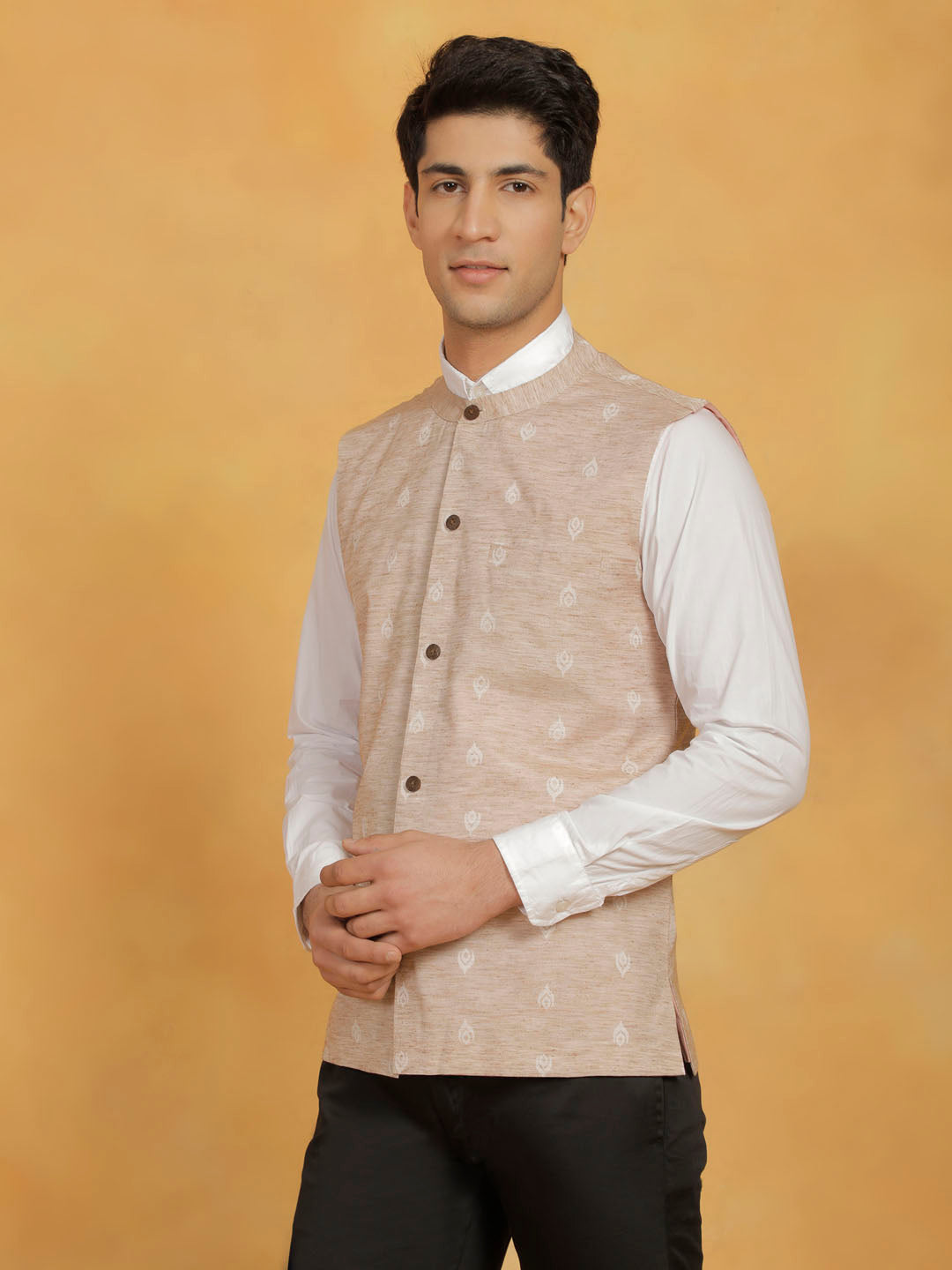 Men's Beige Cotton Straight Nehru Jacket