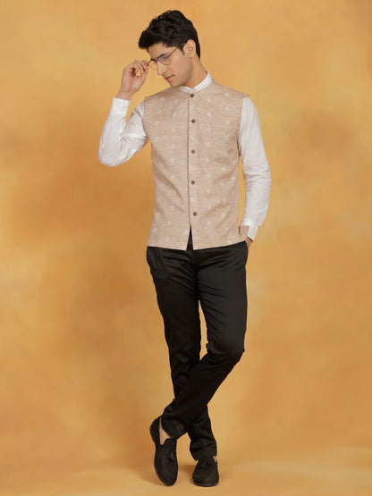 Men's Beige Cotton Straight Nehru Jacket