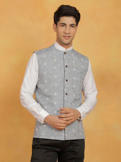 Men's Gray Cotton Straight Nehru Jacket