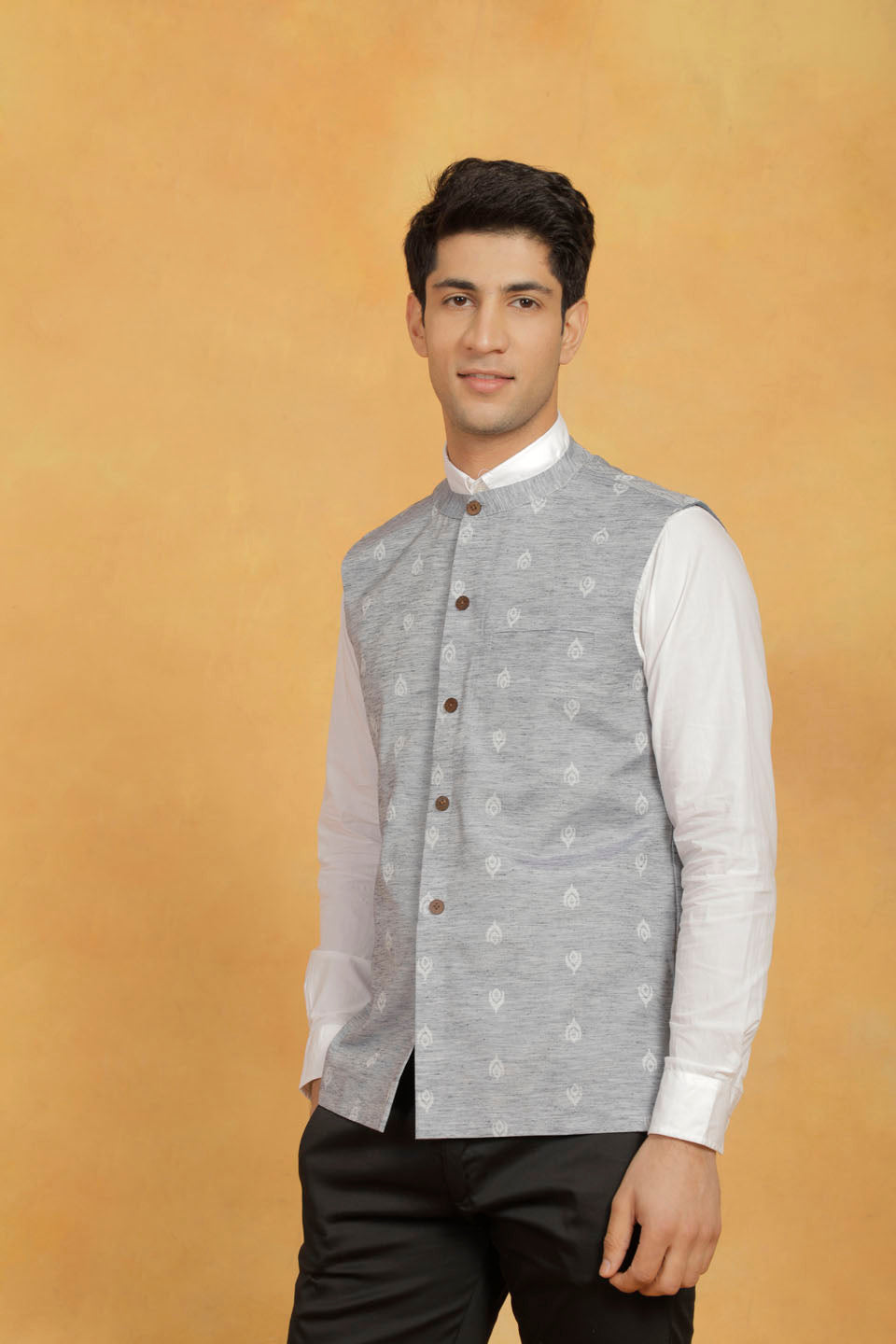 Men's Gray Cotton Straight Nehru Jacket