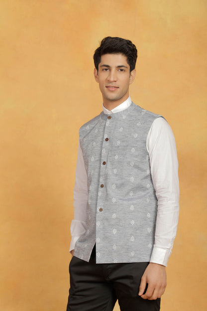 Men's Gray Cotton Straight Nehru Jacket