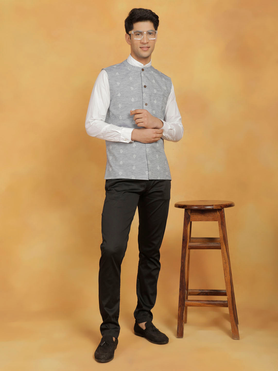 Men's Gray Cotton Straight Nehru Jacket