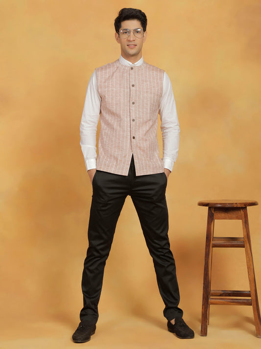 Men's Beige Cotton Straight Nehru Jacket