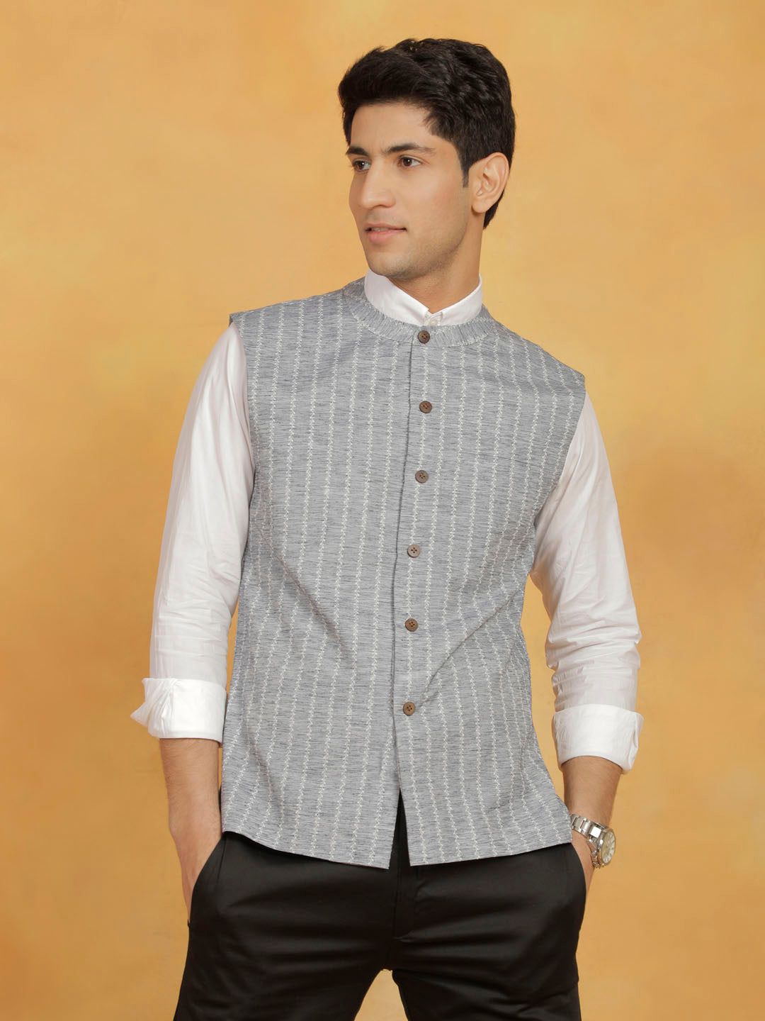Men's Gray Cotton Straight Nehru Jacket