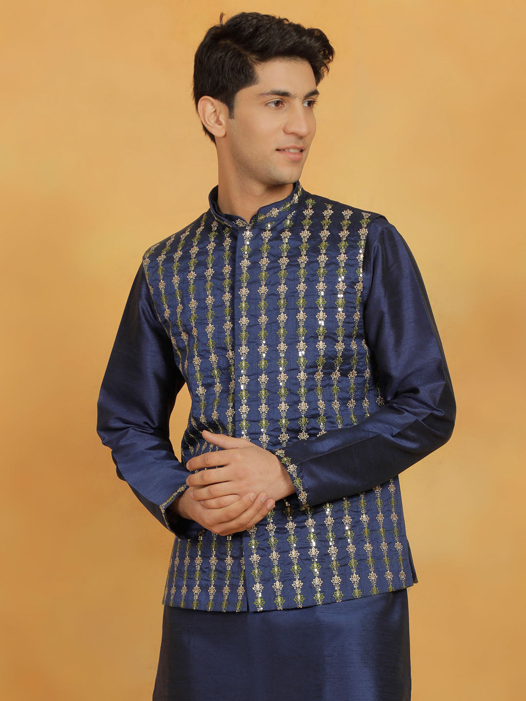 Men's Navy Blue Dupion Silk Straight Kurta Pyjama Set