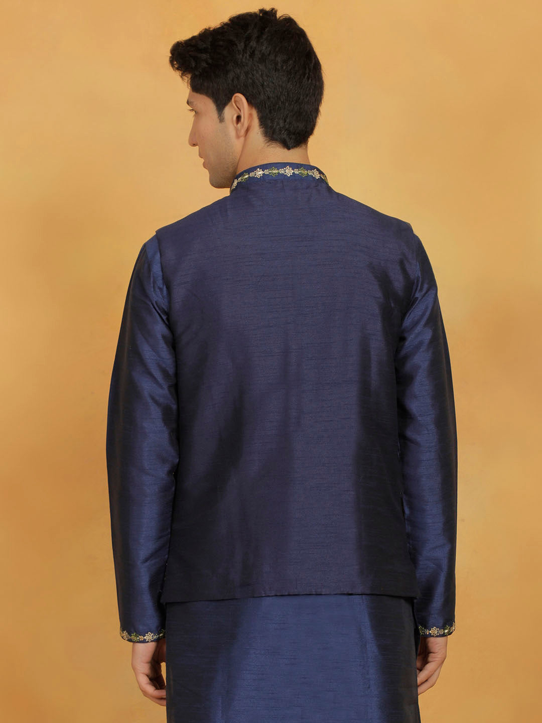 Men's Navy Blue Dupion Silk Straight Kurta Pyjama Set