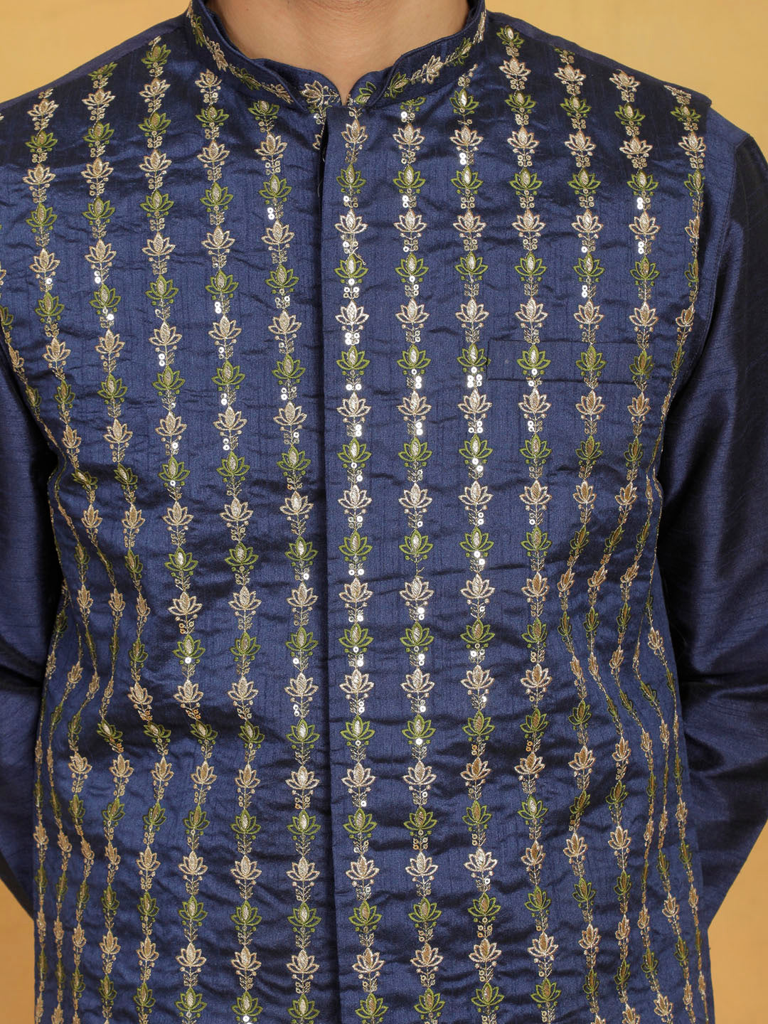 Men's Navy Blue Dupion Silk Straight Kurta Pyjama Set