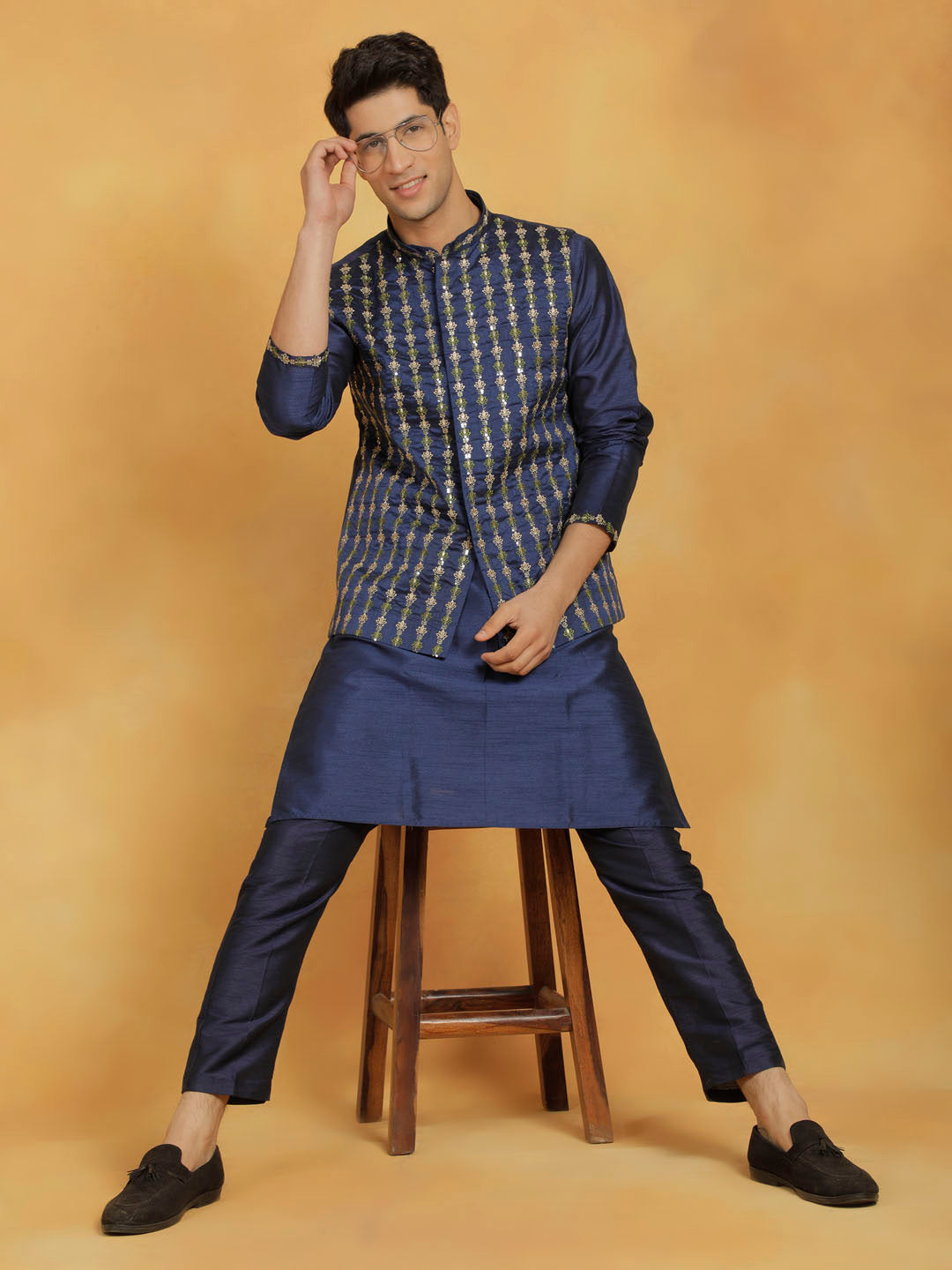 Men's Navy Blue Dupion Silk Straight Kurta Pyjama Set