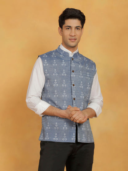 Men's Blue Cotton Straight Nehru Jacket