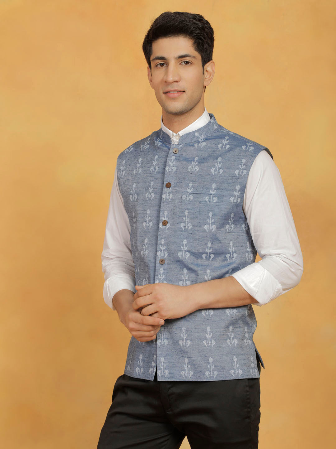 Men's Blue Cotton Straight Nehru Jacket