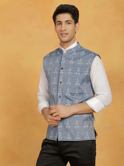 Men's Blue Cotton Straight Nehru Jacket