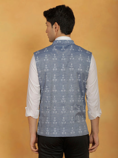 Men's Blue Cotton Straight Nehru Jacket