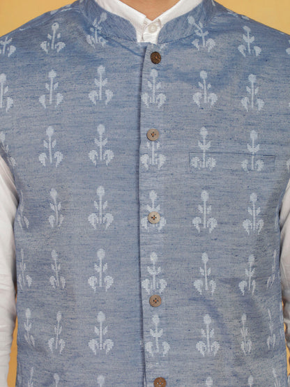 Men's Blue Cotton Straight Nehru Jacket