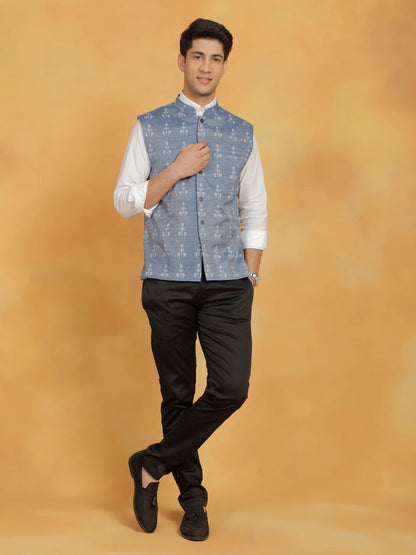 Men's Blue Cotton Straight Nehru Jacket