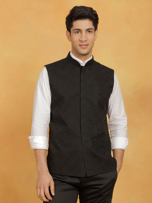 Men's Black Cotton Straight Nehru Jacket