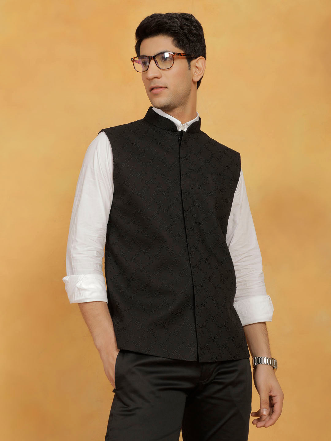 Men's Black Cotton Straight Nehru Jacket