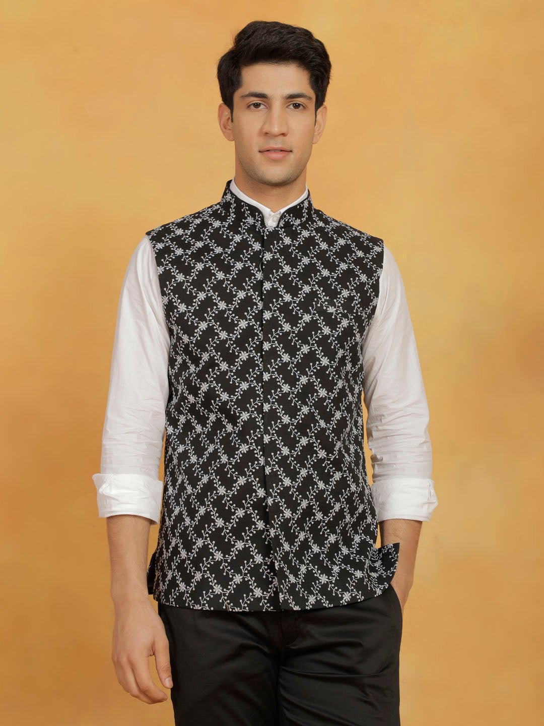 Men's Black Cotton Straight Nehru Jacket