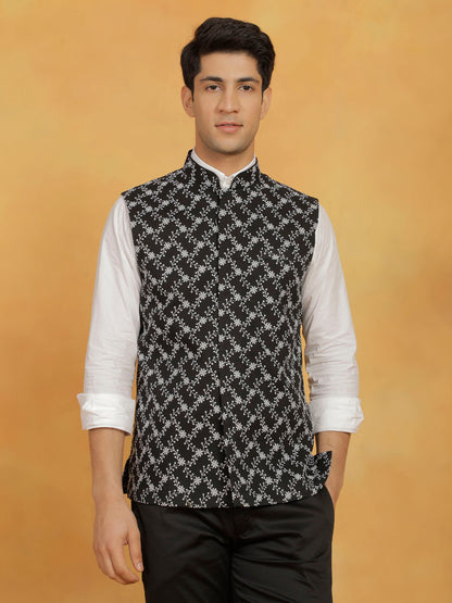 Men's Black Cotton Straight Nehru Jacket