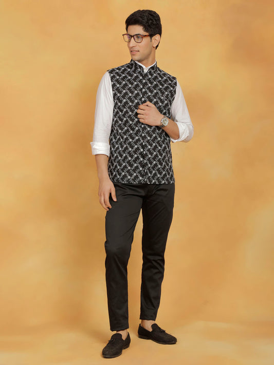 Men's Black Cotton Straight Nehru Jacket