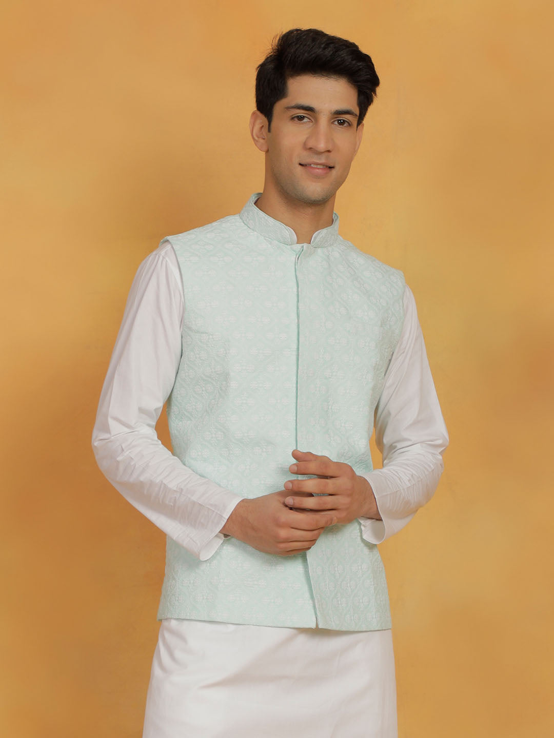 Men's Green Cotton Straight Nehru Jacket