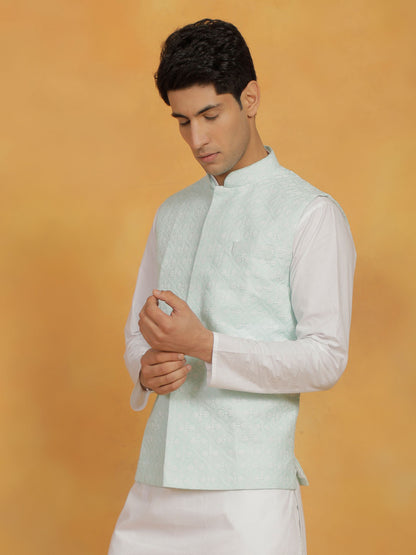 Men's Green Cotton Straight Nehru Jacket
