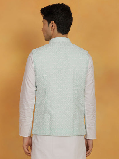 Men's Green Cotton Straight Nehru Jacket