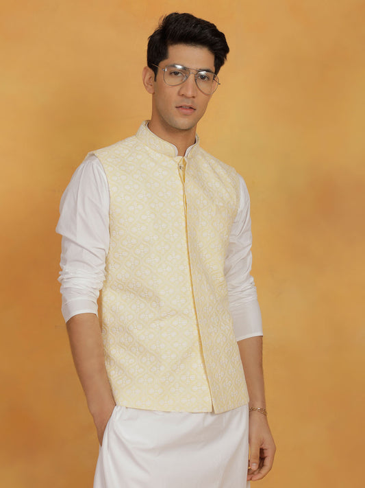 Men's Yellow Cotton Straight Nehru Jacket