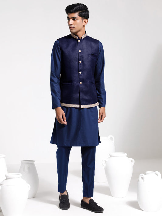 Men's Navy Blue Cotton Silk Straight Jacket  Kurta and Pyjama Set