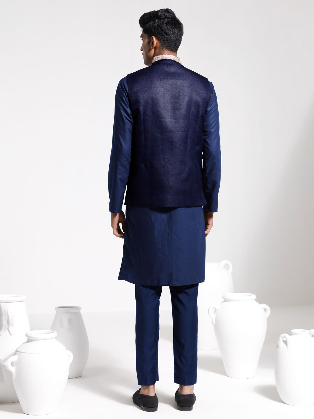 Men's Navy Blue Cotton Silk Straight Jacket  Kurta and Pyjama Set