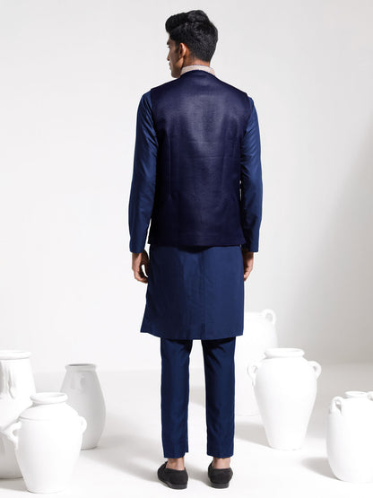 Men's Navy Blue Cotton Silk Straight Jacket  Kurta and Pyjama Set