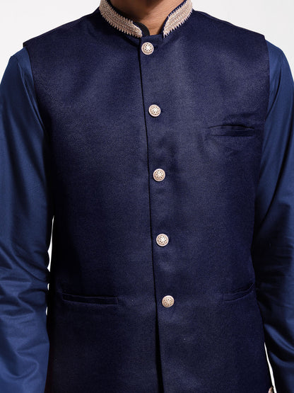Men's Navy Blue Cotton Silk Straight Jacket  Kurta and Pyjama Set