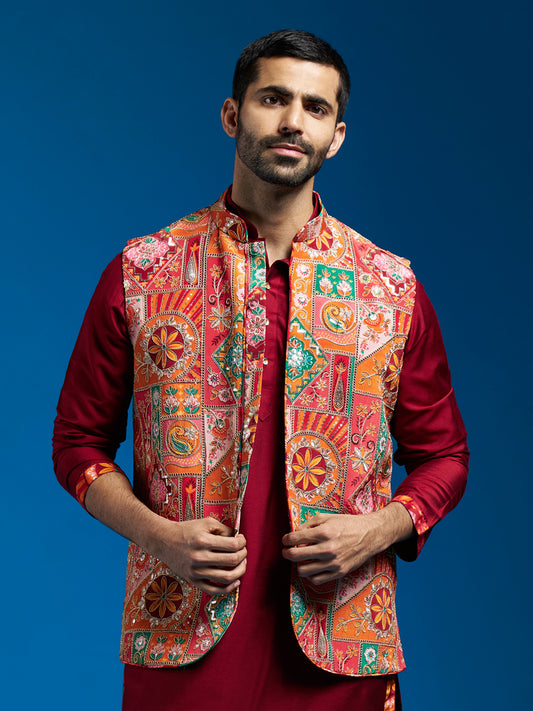 Men's Red Cotton Straight Nehru Jacket