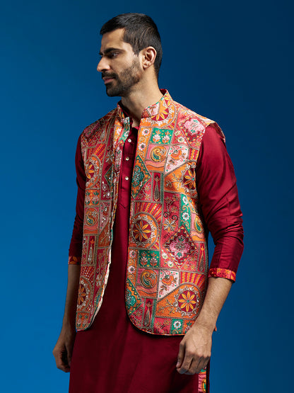 Men's Red Cotton Straight Nehru Jacket