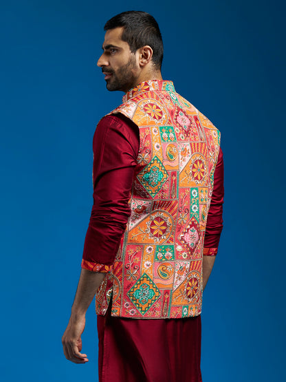 Men's Red Cotton Straight Nehru Jacket