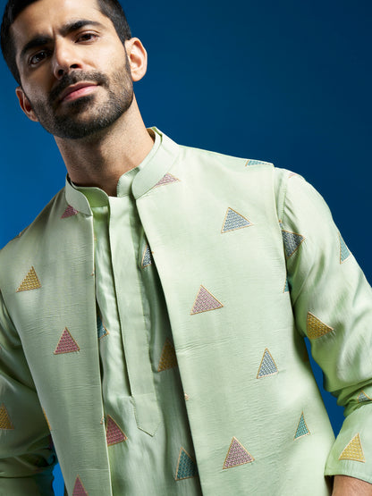 Men's Mint Green Silk Blend Straight Jacket Kurta And Pyjama Set.
